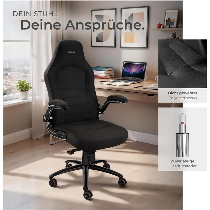 Офісний стілець tectake, стілець для роботи з відкидними підлокітниками та функцією гойдання, регульований по висоті обертовий стілець з колесами, крісло керівника з тканинною оббивкою, ергономічний офісний стілець, комп&39ютерний стілець - чорний 404736