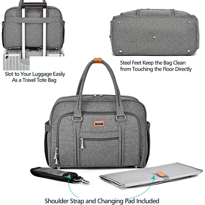 Пеленальна сумка, пеленальна сумка для мами і тата, з пеленальним килимком та ізольованими кишенями темно-сіра