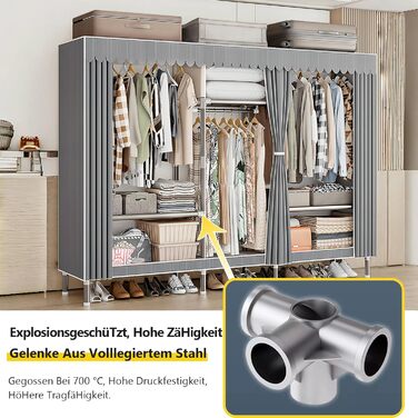 Тканинна шафа, міцна, тканинна розкладна шафа для спальні з рейкою для одягу та полицями, гардеробна шафа з вішалкою для одягу, 84x46x173 см, сіра смужка.