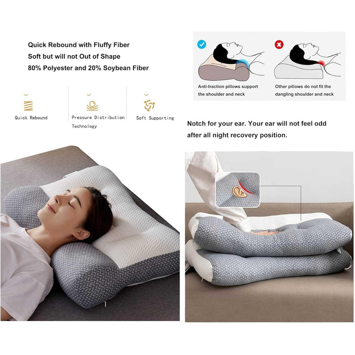Суперергономічна подушка для апное сну, подушка для підтримки шиї, ортопедична подушка для глибокого сну, ергономічна подушка для шиї та плечей 19*29 дюймів, 2024
