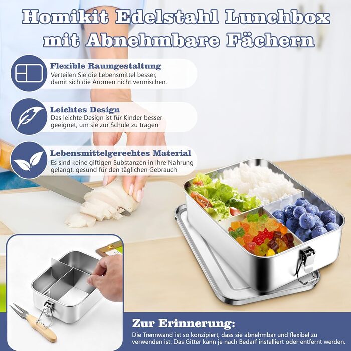 Ланчбокс Homikit з роздільниками, 1400 мл, нержавіюча сталь. Бенто-бокс для дітей та дорослих, герметичний металевий контейнер з ущільнювачем для школи, офісу, пікніка. Можна мити в посудомийній машині.