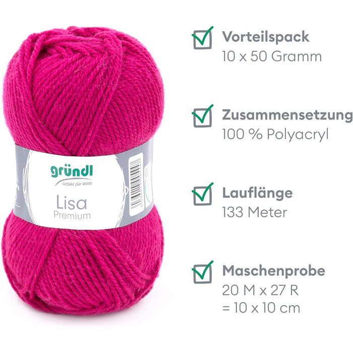 Пряжа Grndl Lisa Premium Uni Knitting & Chet Yarn (м'яка і вовняна пряжа, проста в догляді миється трикотажна пряжа з 100 поліакрилу, 50 г/ 133 м, розмір голки 3,5 - 4,5, 10 клубків по 50 г кожен), (фуксія)