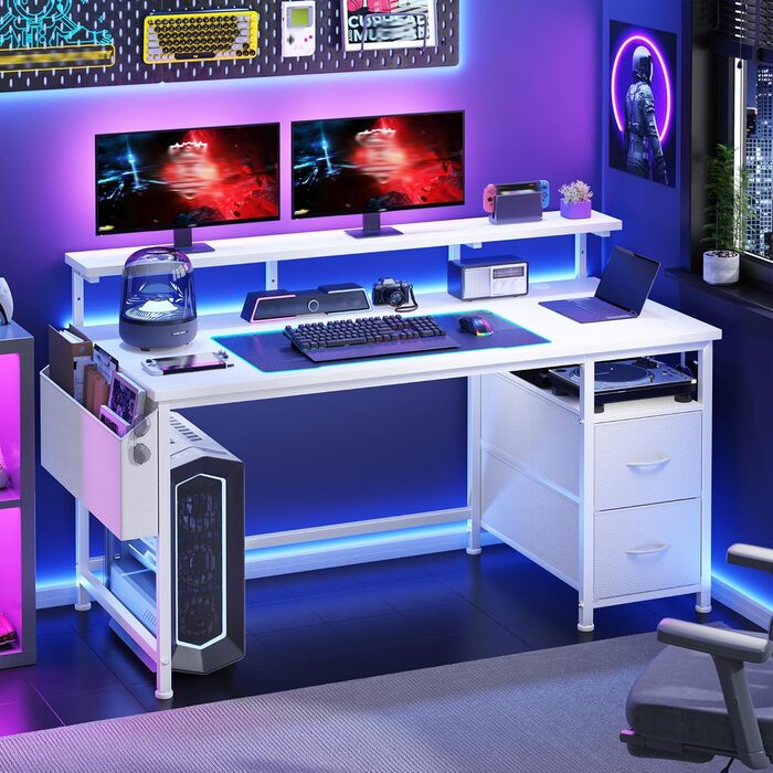 Письмовий стіл 120x48 см з 2 шухлядами, пропонує місце для зберігання, комп&39ютерний стіл, ігровий стіл з підставкою для монітора, 2 гачки для зберігання, відділення для організації кабелів, підходить для працівників з дому та геймерів, білий 120x48 см