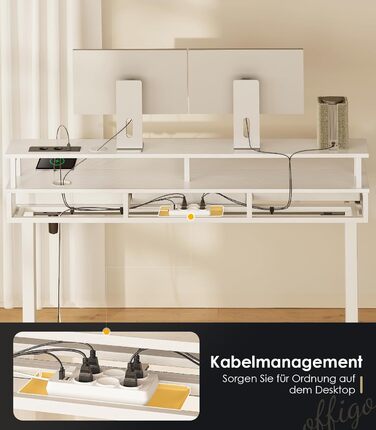 Електричний письмовий стіл OffiGo з шухлядами, стіл з регульованою висотою 120 см та підставкою для монітора, стіл для роботи стоячи з розетками та світловою стрічкою, офісний стіл з регульованою висотою, білий 120 x 54 см