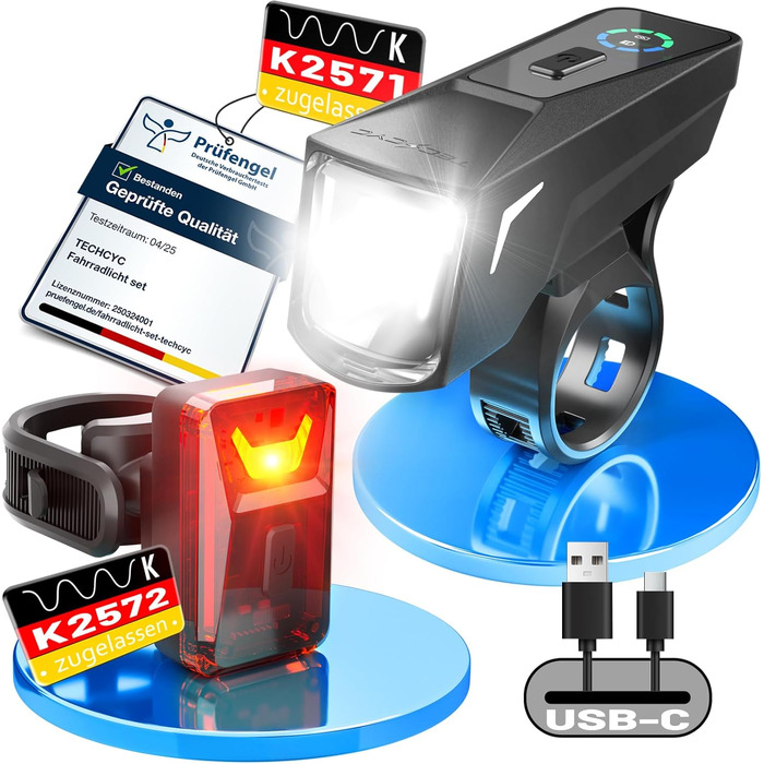 Комплект велосипедних ліхтарів TECHCYC із датчиком Lightsense, велосипедний ліхтар зі світлодіодним освітленням до 70 люкс, схвалено StVZO, велосипедний ліхтар із USB-перезарядкою, IPX6, передні велосипедні ліхтарі ємністю 2500 мАг та задній ліхтар ємніст