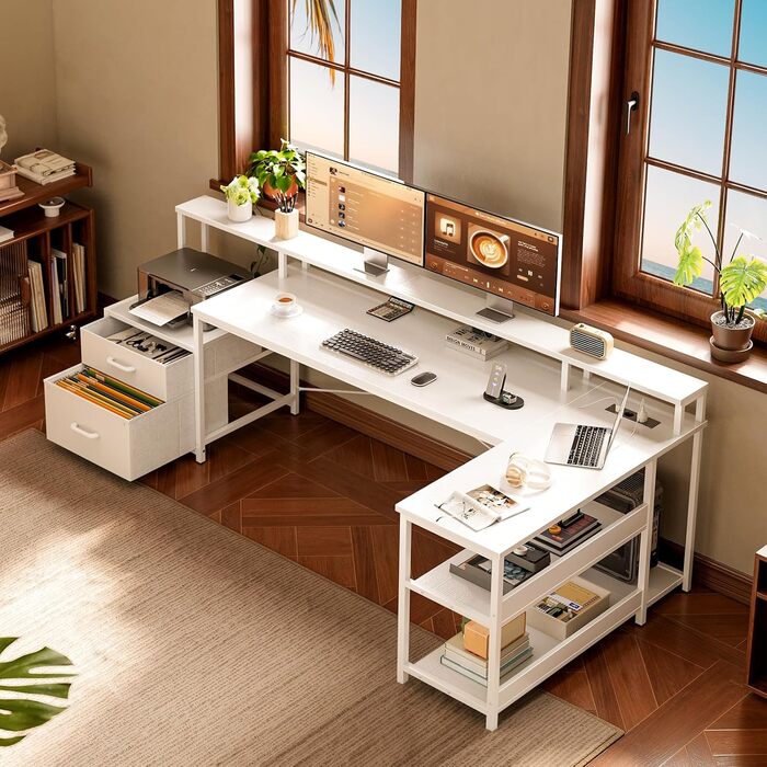 Письмовий стіл ODK з шухлядами, 189,3100 см, двосторонній кутовий стіл, великий, з 2 розетками та портом зарядки USB, L-подібний стіл з місцем для зберігання, ігровий стіл для домашнього офісу, білий 189,310088,7 см