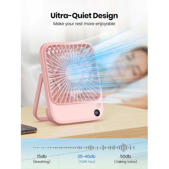 Настільний вентилятор TOPK Перезаряджуваний вентилятор на 2 батареї 5000 мАг, тихий тонкий особистий вентилятор з дисплеєм потужності та швидкості для офісної бібліотеки подорожей
