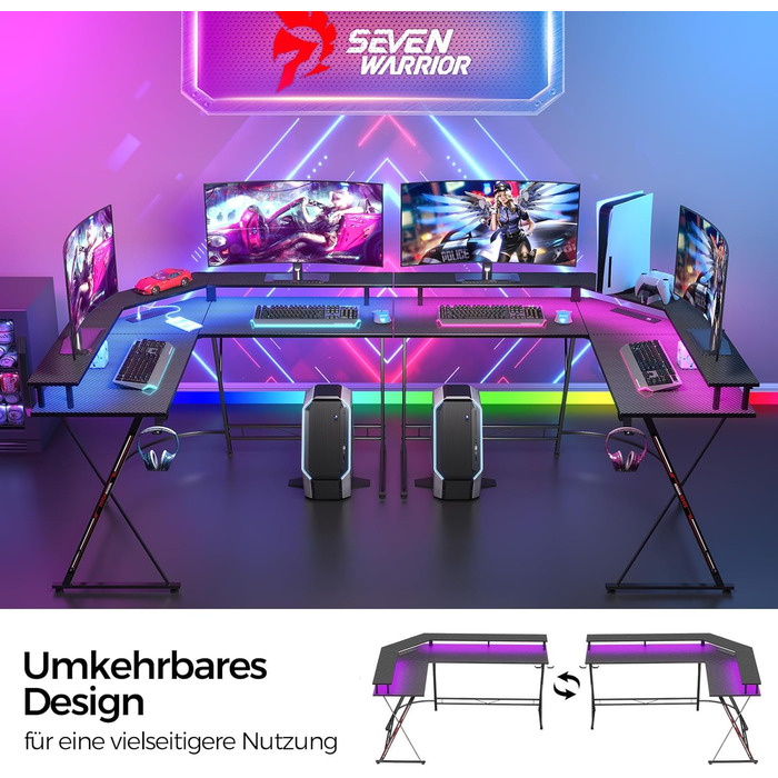 Ігровий стіл SEVEN WARRIOR L-подібної форми, ігровий стіл з розеткою, світлодіодне освітлення, підставка для монітора та 2 гачки, кутовий стіл з карбоновою поверхнею, комп&39ютерний стіл для спальні (127 x 127 см) 127 см