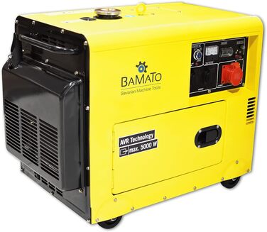 Дизельний генератор BAMATO BGE-5000D Технологія AVR 5000 Вт Електричний стартер 4-тактний дизельний двигун 7,9 к.с. Підключення 400 В, два підключення 230 В та один роз&39єм 12 В постійного струму