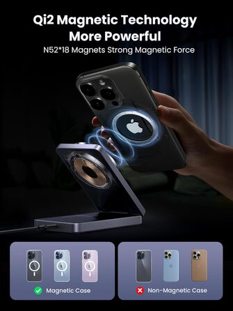 Сертифікована зарядна станція для iPhone потужністю 15 Вт, магнітна зарядна станція 2 в 1, сумісна з MagSafe, складний бездротовий