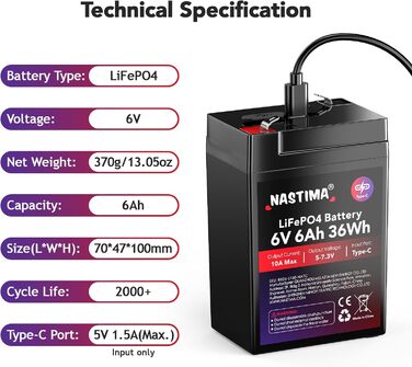 Акумуляторна батарея NASTIMA 6V 6Ah 36Wh LiFePO4 із захистом BMS та 2000 циклами глибокого розряду/розрядки, що не потребує обслуговування, зарядка через роз&39єм Type-C, підходить для аварійного освітлення, дитячих іграшкових машинок, моторних човнів, ке