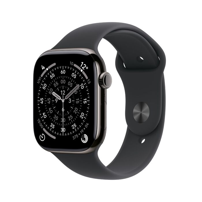 Розумний годинник Apple Watch Series 11 GPS Cellular 46 мм із титановим корпусом кольору шифер та спортивним ремінцем чорного кольору (M/L), показником сну, фітнес-трекером, моніторингом здоров&39я, завжди ввімкненим дисплеєм. Спортивний ремінець, корпус 