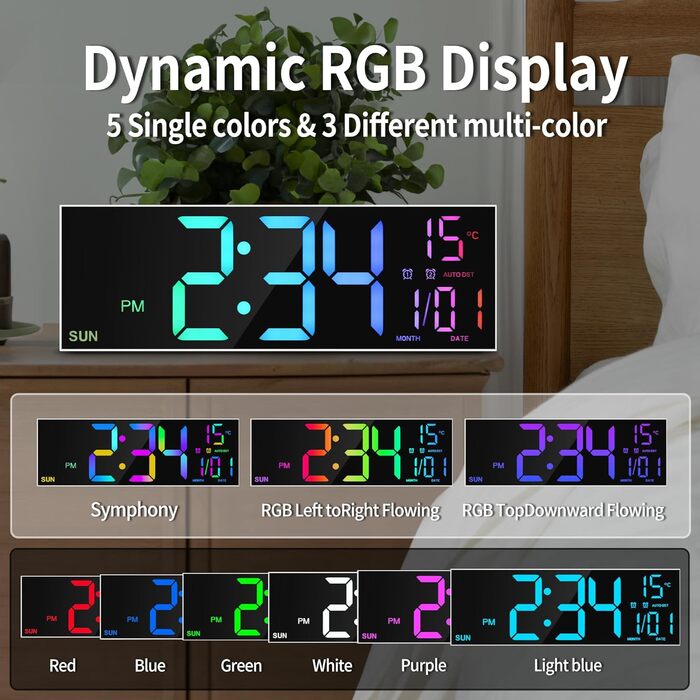Цифровий настінний годинник Maxstar 16.2-дюймовий настінний годинник з великим світлодіодним дисплеєм, настінний годинник з 8 коль