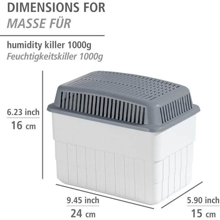 Осушувач повітря WENKO 24 x 16 x 15 см з гранульованим блоком 2х1 кг, вміщує до 1,4 літра вологи багаторазовий, зменшує цвіль і запахи, сірий