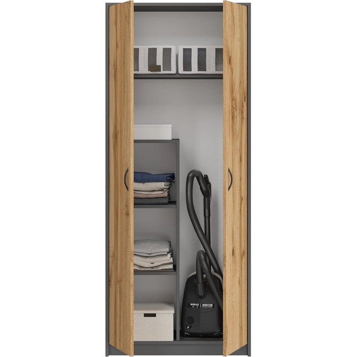 Шафа для мітл - Шафа для прибирання, побутова шафа - 74x35x180 см - Практична багатоцільова шафа, універсальна шафа для мітл, пилососа, засобів для чищення - Dino Graphite/Oak Wotan Graphite / Oak Wotan
