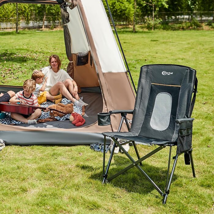 Крісло для кемпінгу Portal, складне, вантажопідйомність 180 кг, з високою спинкою, регульоване, крісло для кемпінгу/рибальства, садове крісло, крісло з сумкою та тримачем для напоїв для саду, балкону, пікніка, чорне