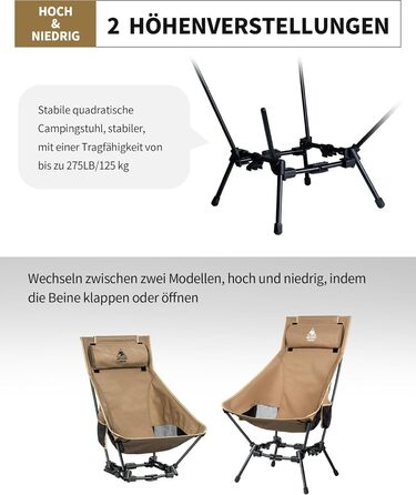 Крісло для кемпінгу OneTigris DRAGONHIDE, висока спинка, складне, вантажопідйомність 125 кг, легке складне кемпінгове крісло, складне рибальське крісло з 2 боковими кишенями, надлегке складне крісло для використання на свіжому повітрі, для походів, коричн