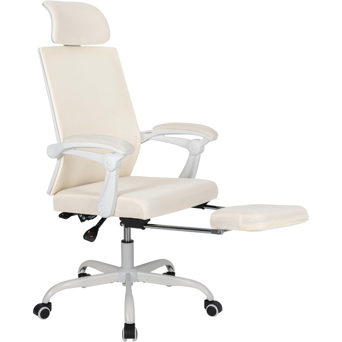 Ергономічне офісне крісло UEV з сітки, стілець для роботи з підставкою для ніг, обертове крісло з регульованим підголівником та поперековою опорою, регулювання висоти та нахилу до 135, дихаюча тканина, бежевий колір