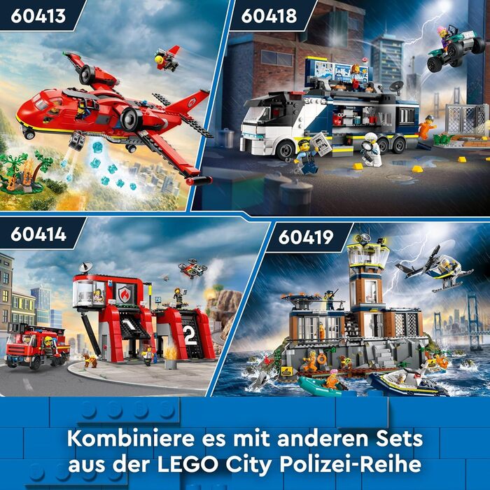 Пожежний літак LEGO City, пожежний набір з іграшковим літаком для дітей, будівельний набір з 3 фігурками пожежників та пожежним фоном, чудова ідея для подарунка для хлопчиків та дівчаток віком від 6 років 60413