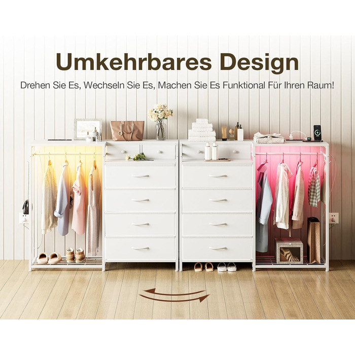 Комод Coleshome з вішалкою для одягу, світлодіодним освітленням та розеткою, двосторонній дизайн з 6 шухлядами, тканинний комод для спальні та вітальні, 110 x 30 x 106 см, білий