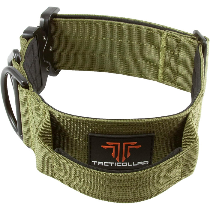 Тактичний нашийник Tacticollar для собак середніх та великих порід, 5,1 см, з ручкою для контролю, нейлон Mil Spec, металевий замок швидкого роз'єму, внутрішня підкладка з неопрену (Розмір M, Оливковий)