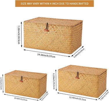 Коробка для зберігання FEILANDUO з 3 предметів з кришкою, плетений кошик для косметики з морських водоростей, кошик-органайзер для робочого столу та вітальні (великий, натуральний)