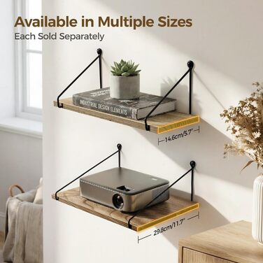 Настінна полиця Afuly, дерево, чорний метал, сільські полиці для стін, натуральний колір, ванна кімната, дитяча кімната, кухня, вітальня, комплект з 2 шт. , коричневий, 1,5 м завглибшки x 4,8 м завширшки