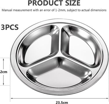 Набір з 3 тарілок з нержавіючої сталі, 24 см, розділені обідні тарілки з 3 секціями, для дітей, дорослих, кемпінгу та контролю порцій