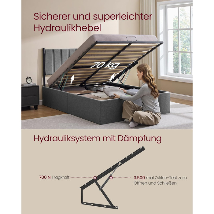 Каркас ліжка VASAGLE, Основа ліжка, Ліжко, 140 x 200 см, Складана рейкова основа, Місце для зберігання під ліжком, Узголів&39я, Гідравлічна система, Сучасне, Легке складання, Темно-сірий RMB614G02 140 x 200 см Темно-сірий