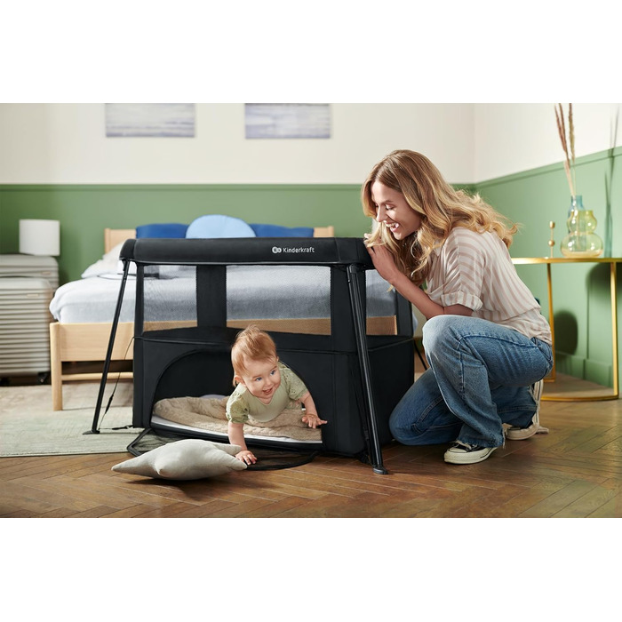 Дитяче ліжечко Kinderkraft CAMI 3-в-1, дорожнє ліжечко для малюків від народження до 3 років, функція манежу, легке компактне складання, дорожній рюкзак у комплекті, два рівні, чорний