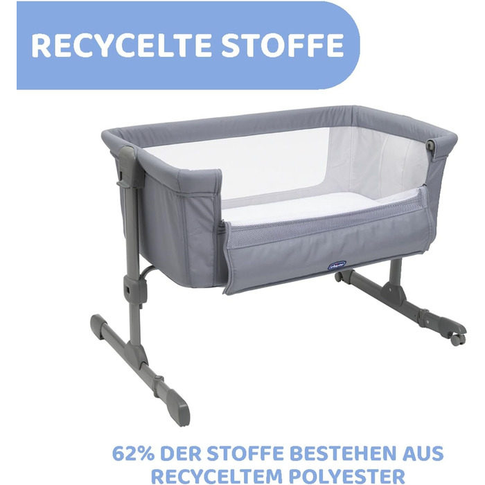 Дитяче ліжечко Chicco Next2Me Essential для новонароджених, приліжкове ліжечко, сумісне з різними ліжками, регульована висота, гарна циркуляція повітря, матрац і сумка в комплекті, 0-6 місяців, сірий колір