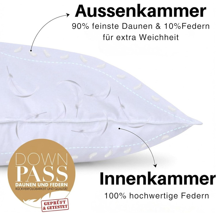 Пухова подушка, виготовлена в Німеччині, 80x80 3-камерна подушка 80x80, пух та пір&39я Гіпоалергенна подушка Сертифіковано для тварин (DOWNPASS) Oeko-TEX Клас 1 Комплект пір&39яних подушок з 1 предмета 80x80 см