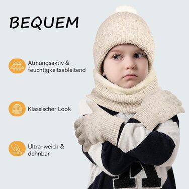 Дитячий зимовий комплект OZERO (6-12 років) - в&39язана шапка, шарф-петля, терморукавички з флісовою підкладкою, нековзні рукавички, теплий комплект із 3 предметів для хлопчиків та дівчаток, для ігор на вулиці та дитячого садка, бежевий