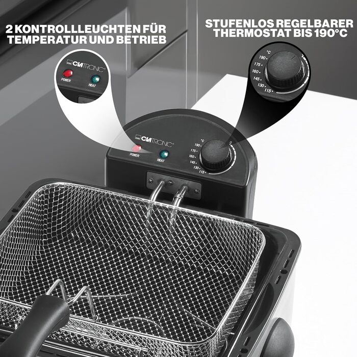 Фритюрниця Clatronic Double Cold Zone FR 3195, 2 маленькі та один великий кошики для смаження, 4 літри, 2000 Вт, нержавіюча сталь