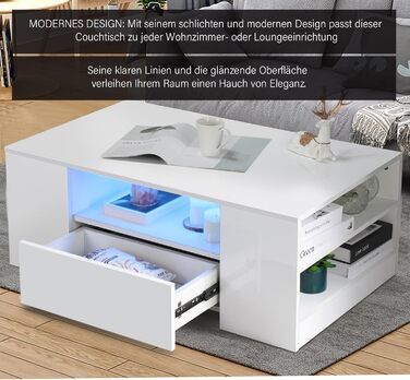 Журнальний столик зі світлодіодним підсвічуванням, сучасний диванний столик, стіл для вітальні з 2 шухлядами, 100x55x37 см, білий