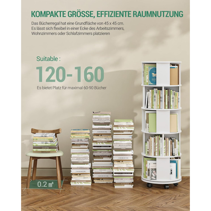 Книжкова полиця Hzuaneri, поворотна на 360, 5-рівнева вертикальна полиця для зберігання, сучасна окремостояча полиця, декоративна полиця на колесах, для вітальні, кабінету, офісу, 45 x 45 x 161,5 см, біла BC54003X