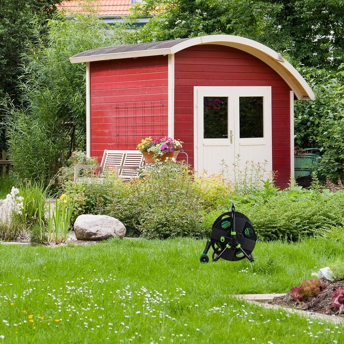 Котушка для шланга Relaxdays, для 30 м шланга 1/2, сталь, пластик, тримач шланга, 38 x 42 x 31 см, чорний/зелений