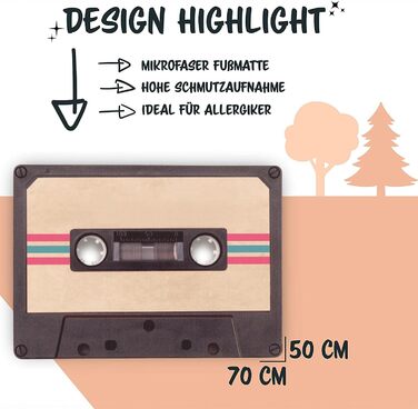 Килимок для приміщень та вулиці 50x70 см - плоский та нековзний - ретро-дизайн касети - килимок, який можна прати, для чистого взуття та стильного, сучасного вхідного отвору
