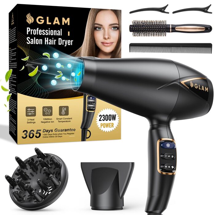 Професійний фен для волосся GLAM 2300W потужний AC-двигун, іонізація, 2 швидкості, 3 температурні режими, кнопка холодного обдуву, дифузор та концентратор у комплекті