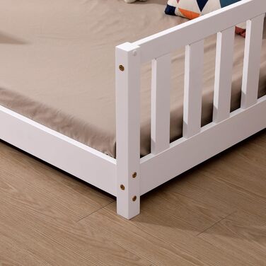 Дитяче ліжко ecomi 80x160 із захистом від падіння, Ліжко на підлогу, Дитяче ліжко з рейковою основою для дівчаток та хлопчиків, Масив сосни білого кольору, 80 x 160 см, Білий