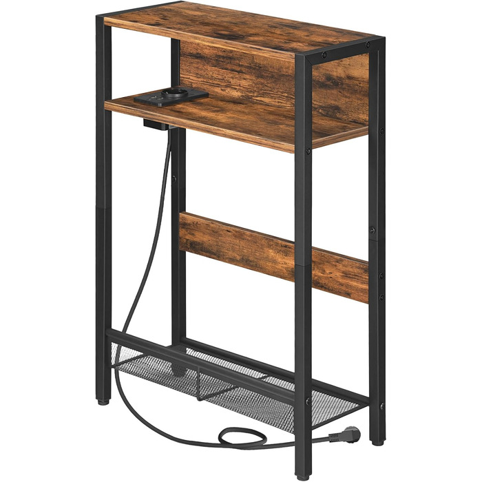 Вузький приставний столик, столик біля дивана із зарядною станцією, тумбочка з 2 дерев&39яними композитними панелями та 1 металевою полицею, для невеликих приміщень, вітальня, вінтажний коричневий та чорний DTBZ05CBF Вінтажний коричневий, чорний