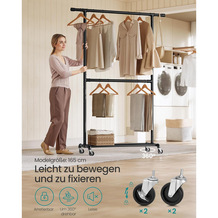 Вішалка для одягу в індустріальному стилі, вантажопідйомність до 110 кг, шафа-стійка на колесах, 2 шт. анги для одягу, виготовлена з металу, міцна, для демонстрації в магазині, чорна HSR62BK