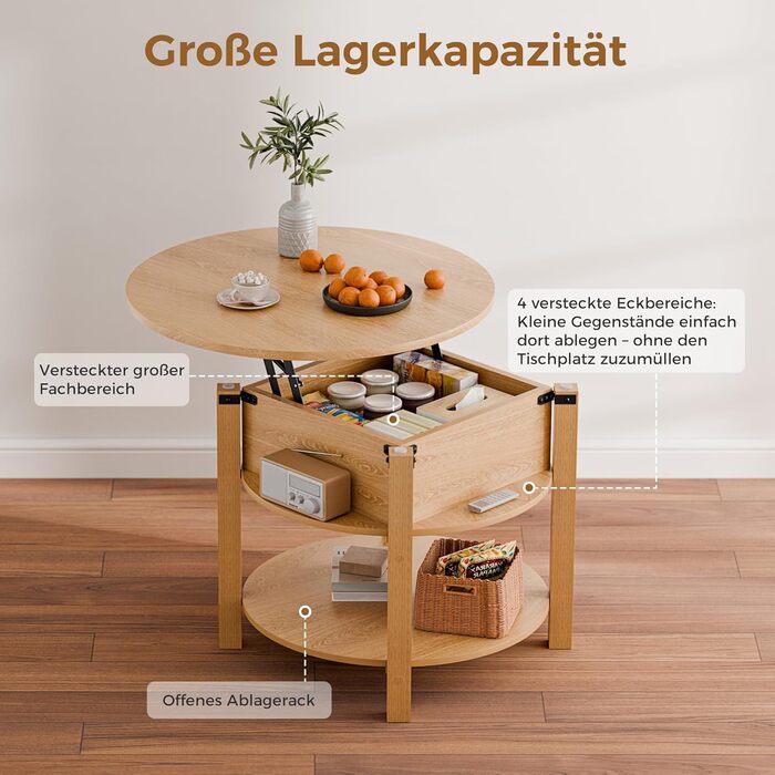 Круглий журнальний столик ELUCHANG з підйомною стільницею, журнальний столик 2-в-1 з регульованою висотою, бічний столик/стіл для вітальні з прихованим відділенням для зберігання, відкритий відсік, для вітальні/офісу, 60x60 см, дуб 60*60*48 см дуб