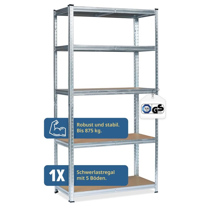 Міцний стелаж Grafner XXL з 5 полицями з МДФ, максимальне навантаження 875 кг, сертифікований TV/GS, закруглені кути, 90x40x180 см, стелаж без ригелів, полиця для зберігання, полиця для підвалу