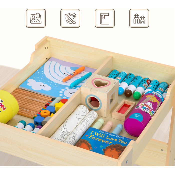 Дитячий стіл OOOK 4-в-1 з 2 стільцями, комплект дитячого столу та стільців, робочий стіл з дошкою для гри в білі та чорні дошки, шухлядою для зберігання та книжковою полицею, комплект дитячих сидінь для дитячих кімнат та ігрових кімнат