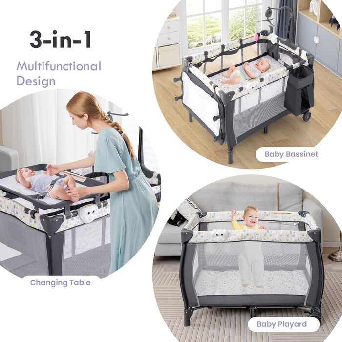 Складане дитяче ліжечко-манеж LIFEZEAL, тканина Оксфорд та ПП, багатофункціональне дитяче ліжечко з пеленальний столик для малюків 0-36 місяців, вантажопідйомність 15 кг (сірийбілий)