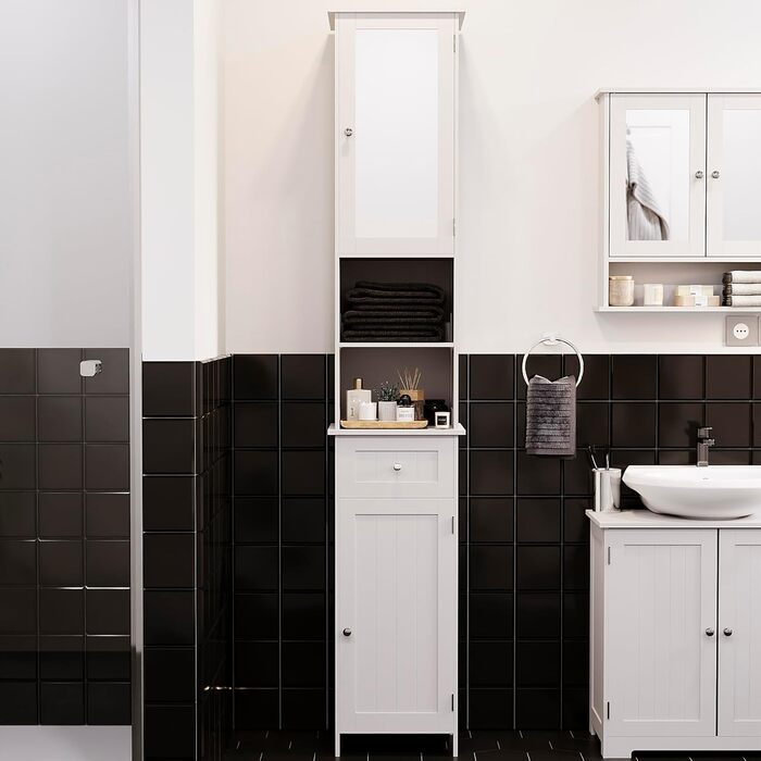 Висока шафа для ванної кімнати Vida Priano з дзеркалом, шафа для зберігання речей, висока підлогова шафа, білий колір Milano, висока біла