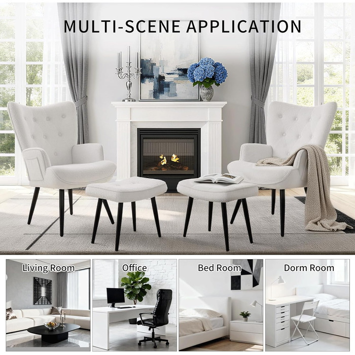 Крісло CLEVICH з підніжкою - Затишне крісло для відпочинку з підніжкою, крісло для читання, крісло з тканини Тедді для вітальні та спальні - До 168 кг, Біле