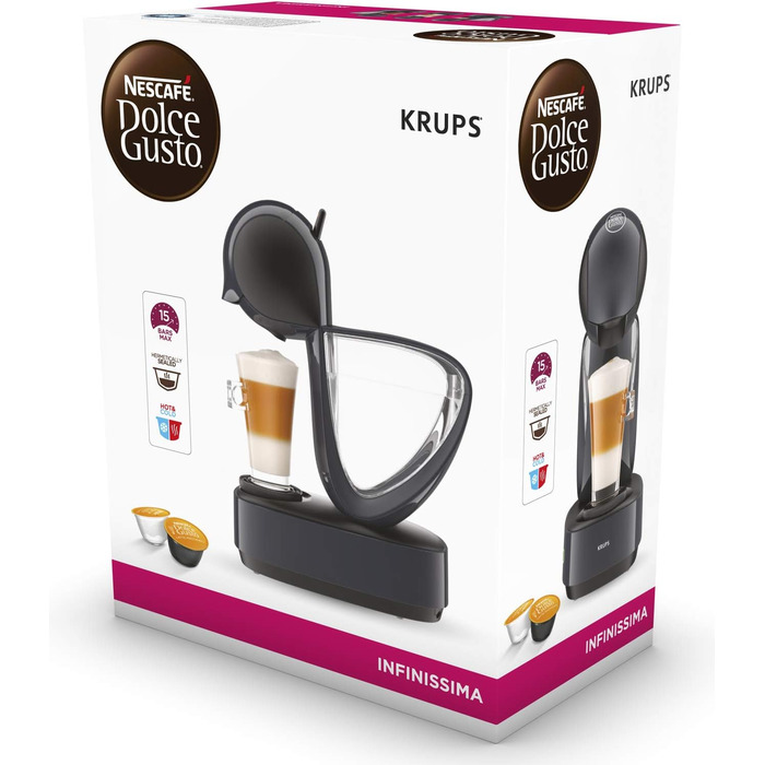 Кавова капсульна машина Krups KP173B Nescaf Dolce Gusto InfinissimaГарячі та холодні напоїТиск насоса 15 барРучне дозування водиРезервуар для води 1,2 лАвтоматичне вимкнення1500 Вт 30,5x18x40 см, космічний сірий космічний сингл