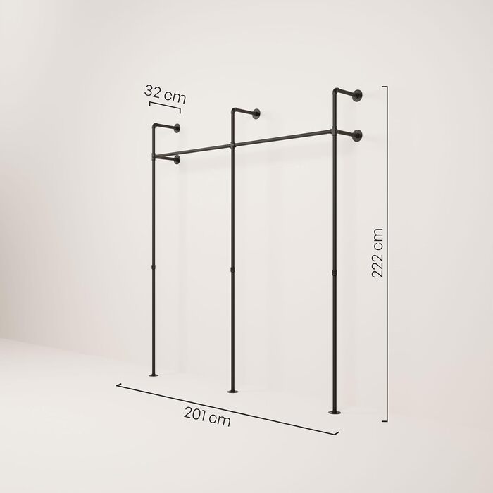 Настінна вішалка для одягу pamo 201 x 222 см - Відкрита вішалка для одягу в індустріальному стилі, чорний металевий, водопровідні труби - вантажопідйомність 240 кг, чорний колір